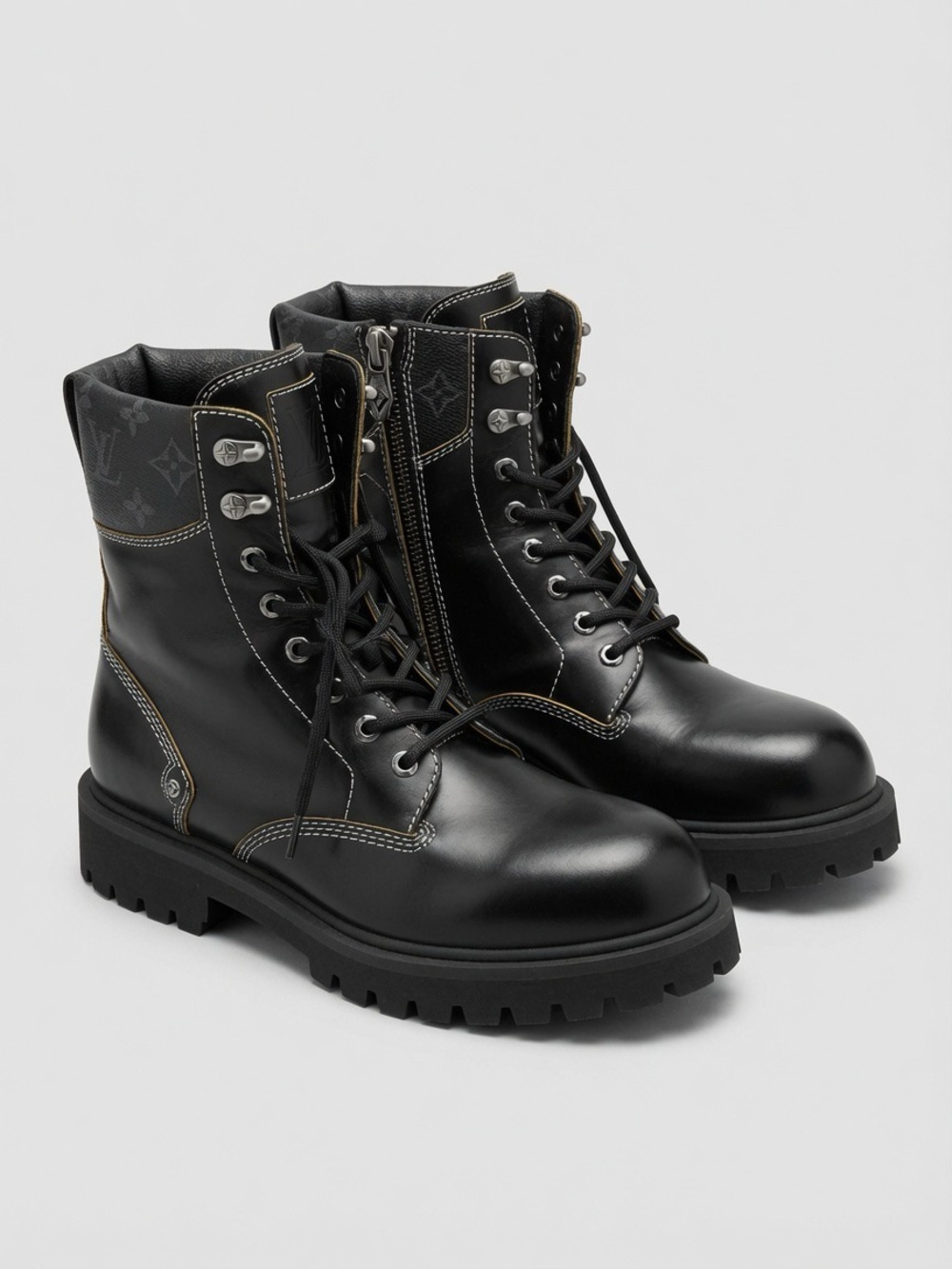 Louis Vuitton Black Leather Lug-Sole Combat Boots with Monogram Cuff